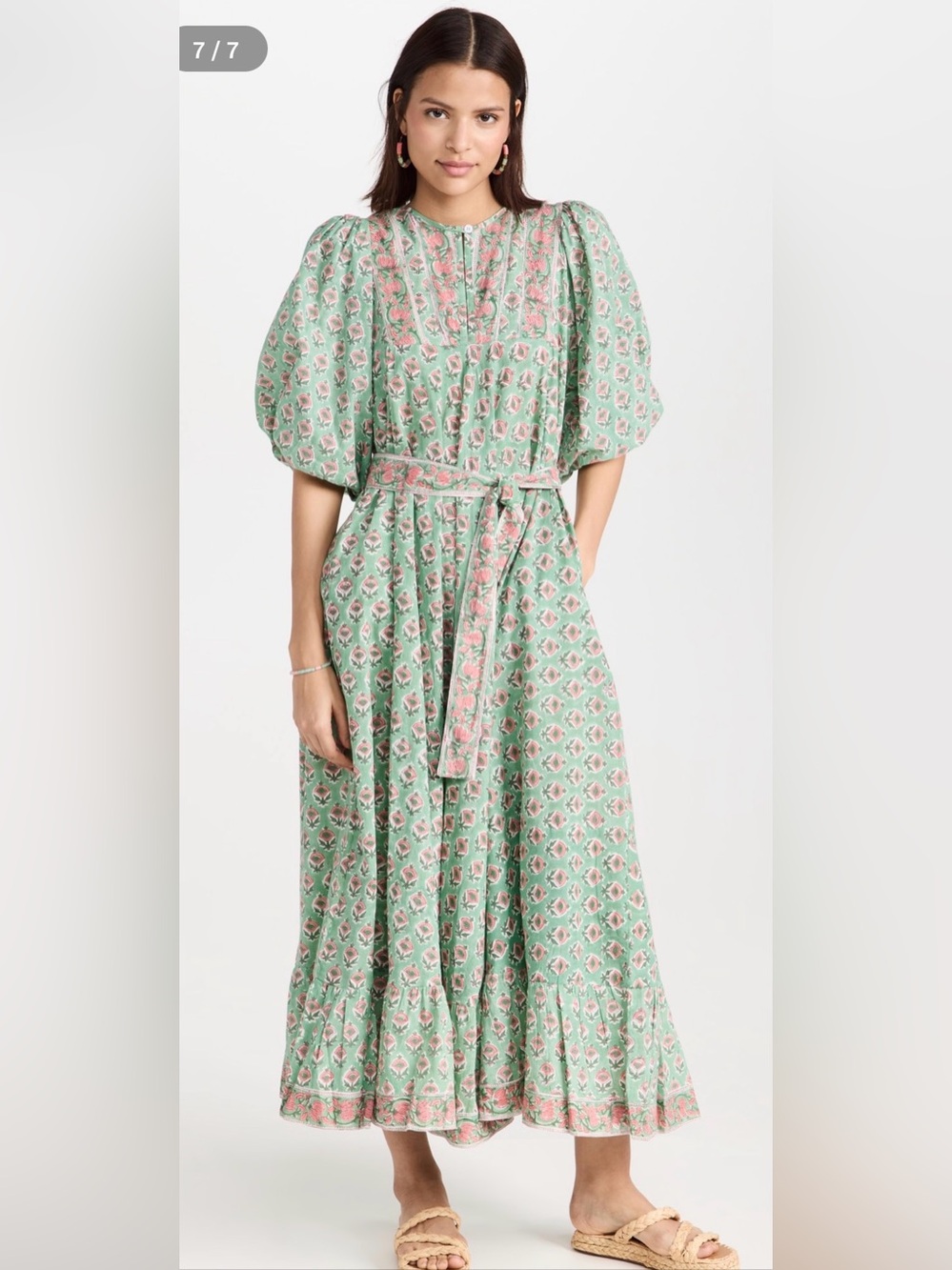 Marea Blue Pink Block Print Cotton Maxi Dress Belted Puff Sleeve Size 2 Small